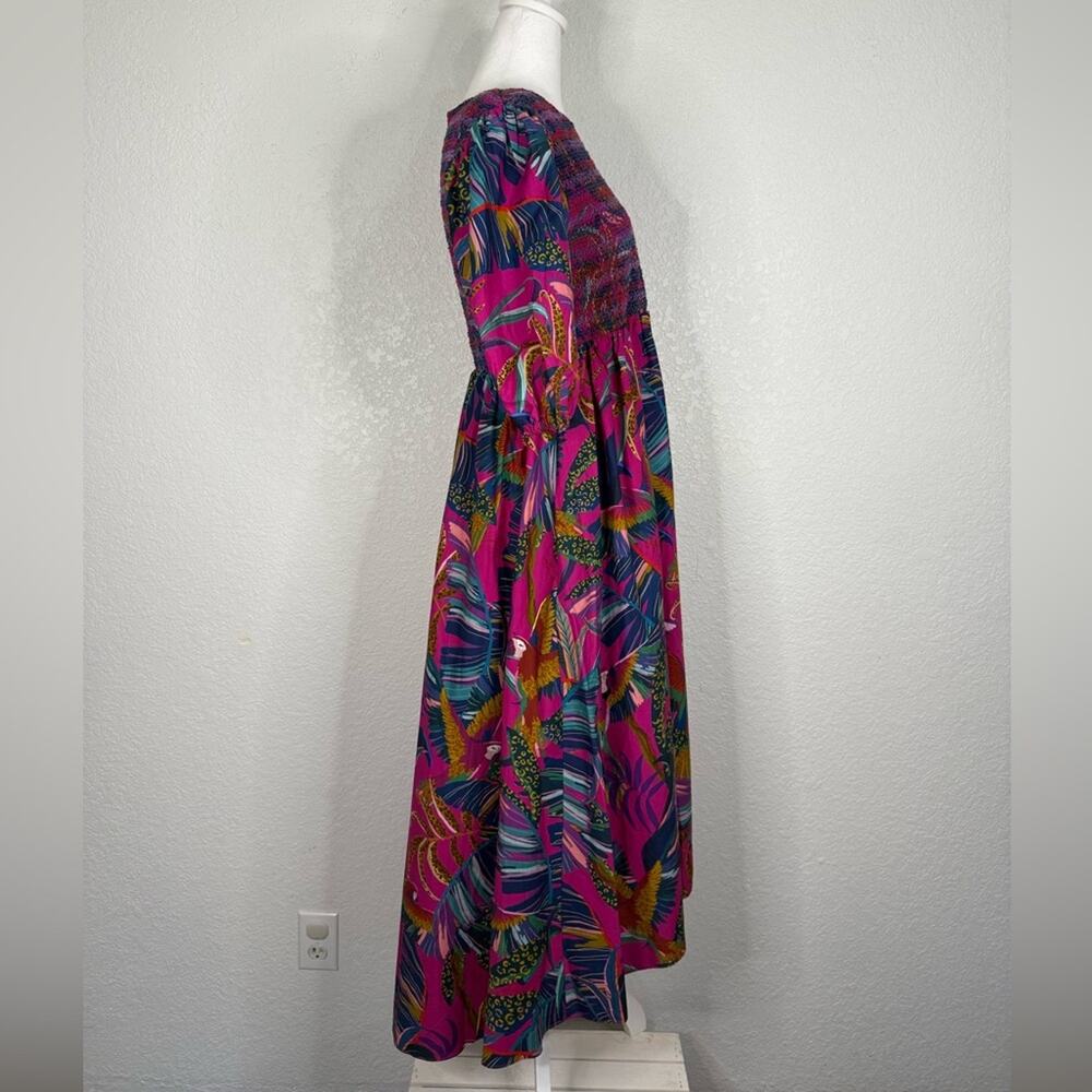 NWT FARM Rio Rainbow Macaws Smocked Puff Sleeve Midi Dress Tropical Resortwear - Picture 5 of 11